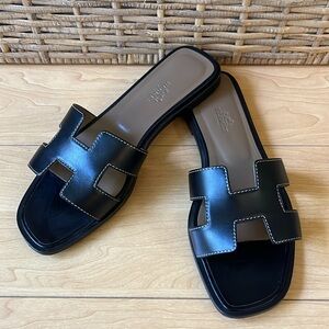 Hermes Black Oran Sandals